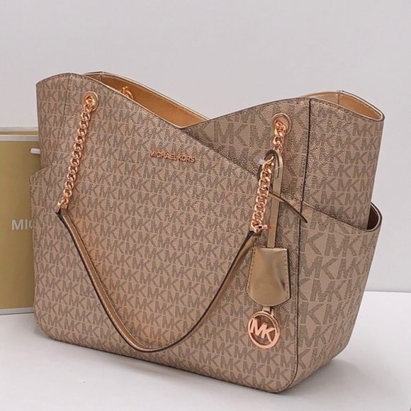 MICHAEL KORS LARGE X CHAIN SHOULDER TOTE BAG ROSE GOLD COLOR SIGNATURE - Picture 11 of 16